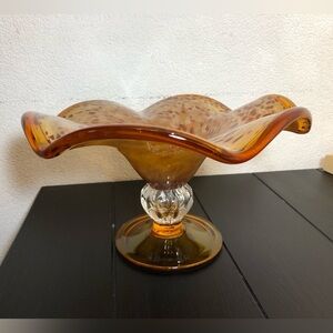 Art glass Blown Amber Golden Pedestal Bowl Centerpiece Statement Pedestal